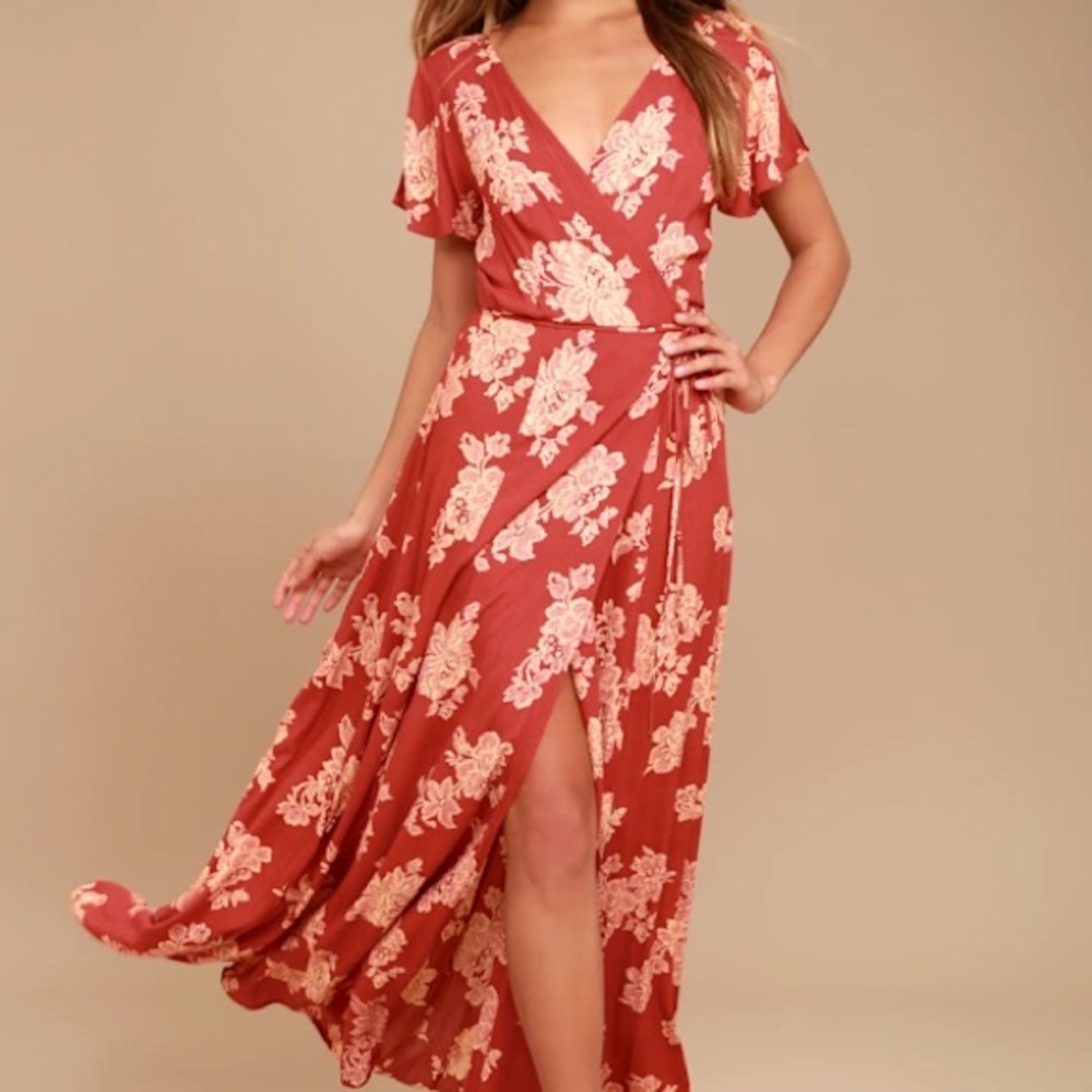 Lulus Heart Of Marigold Floral Wrap Dress in Rust